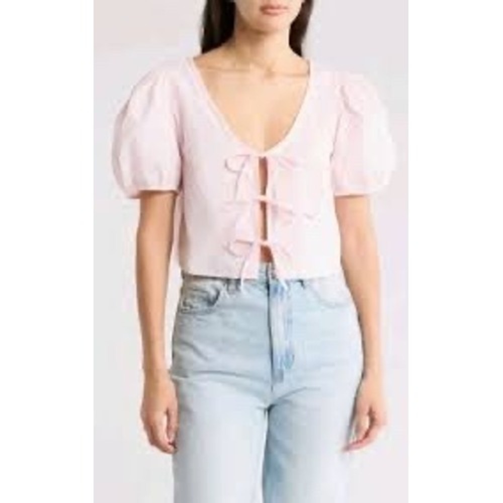 Abound Pink Stripe Tie Front Puff Sleeve‎ Crop Top Blouse Nyla Stripe M